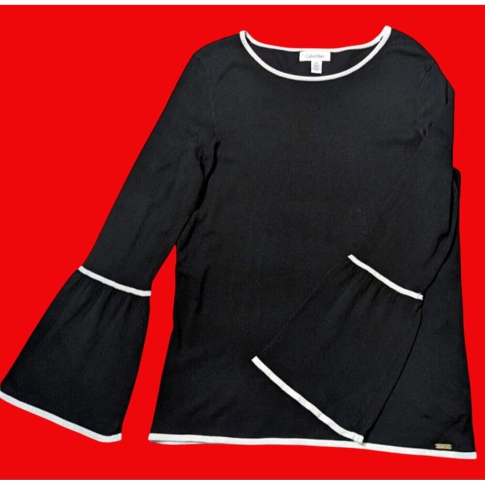 Calvin Klein Womens Black Long Sleeve Tunic With Ruffle Cuffs & Contrast Trim XL